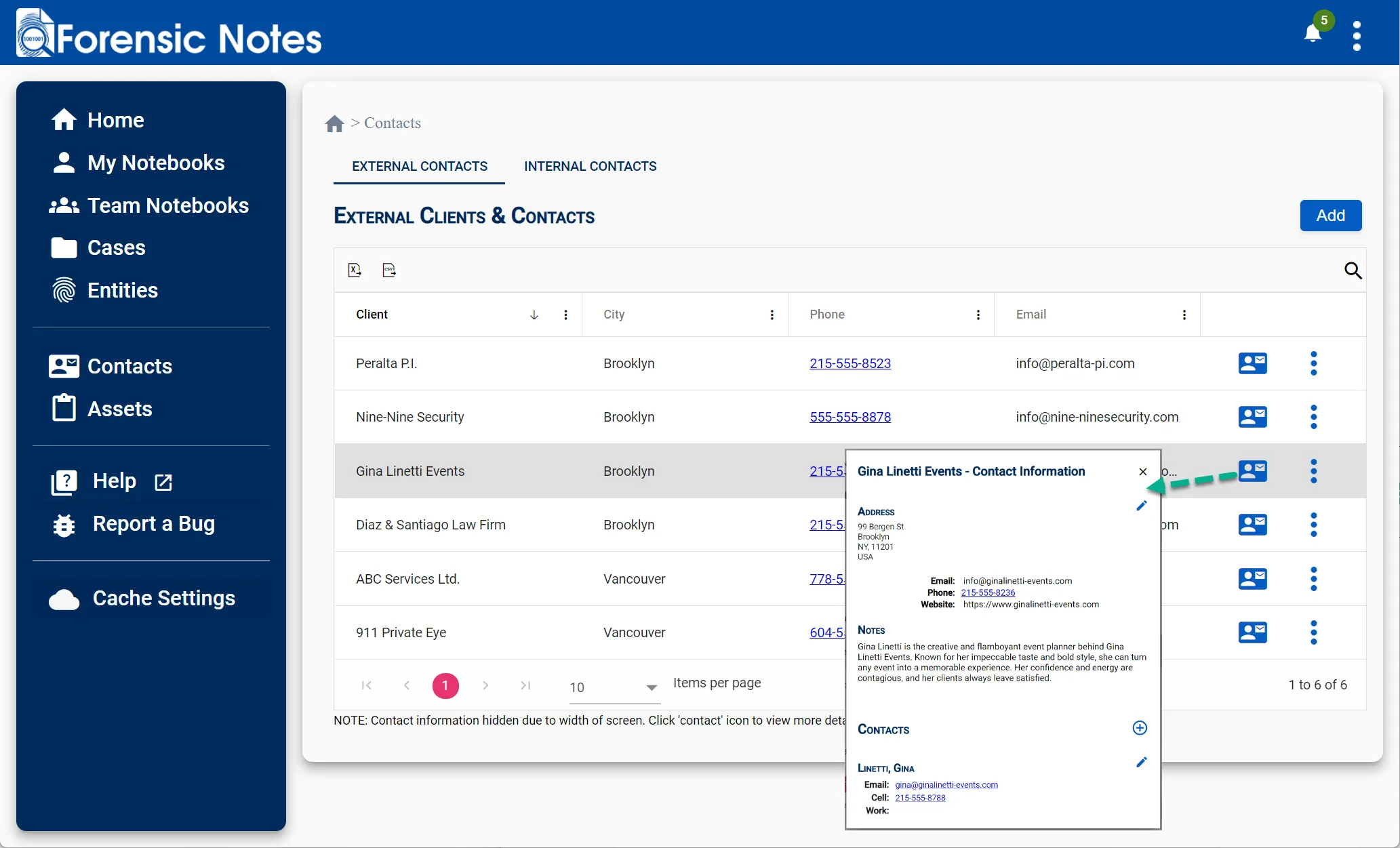 External contacts list with contact detail popup