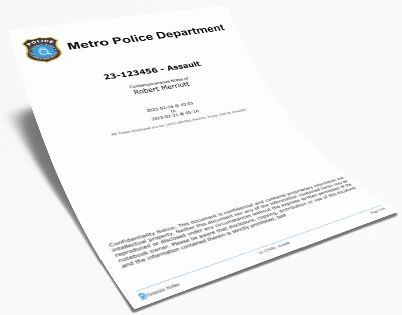 Branded notebook cover page in Forensic Notes