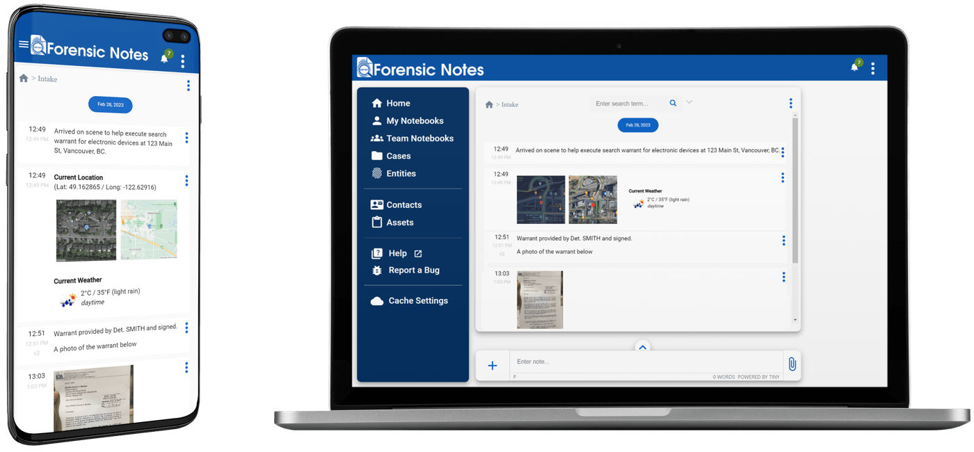Forensic Notes Dashboard showing timestamped investigation notes