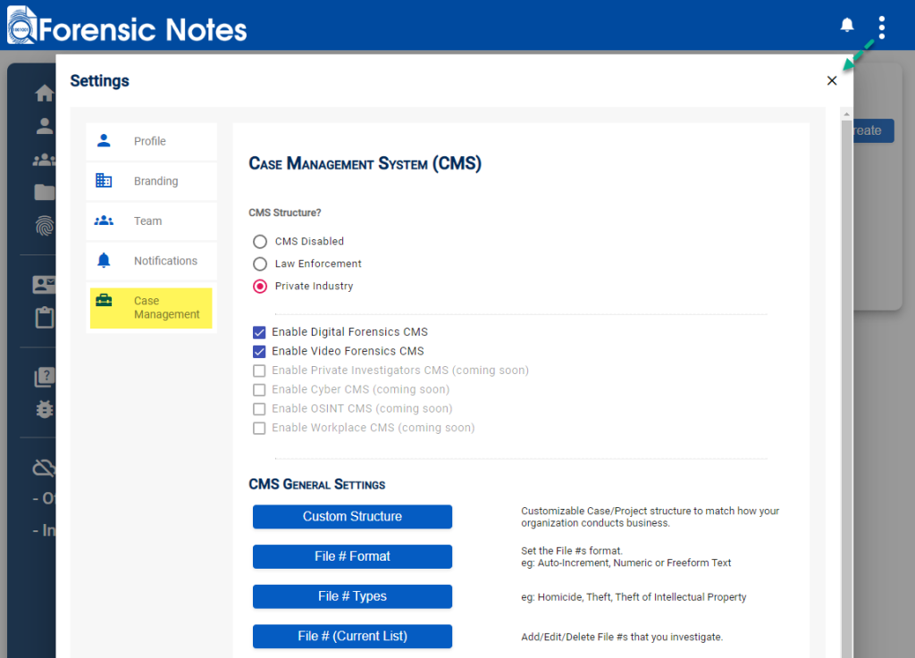 CMS Settings Menu