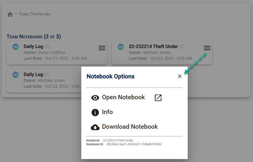 Team Notebooks - Menu Options